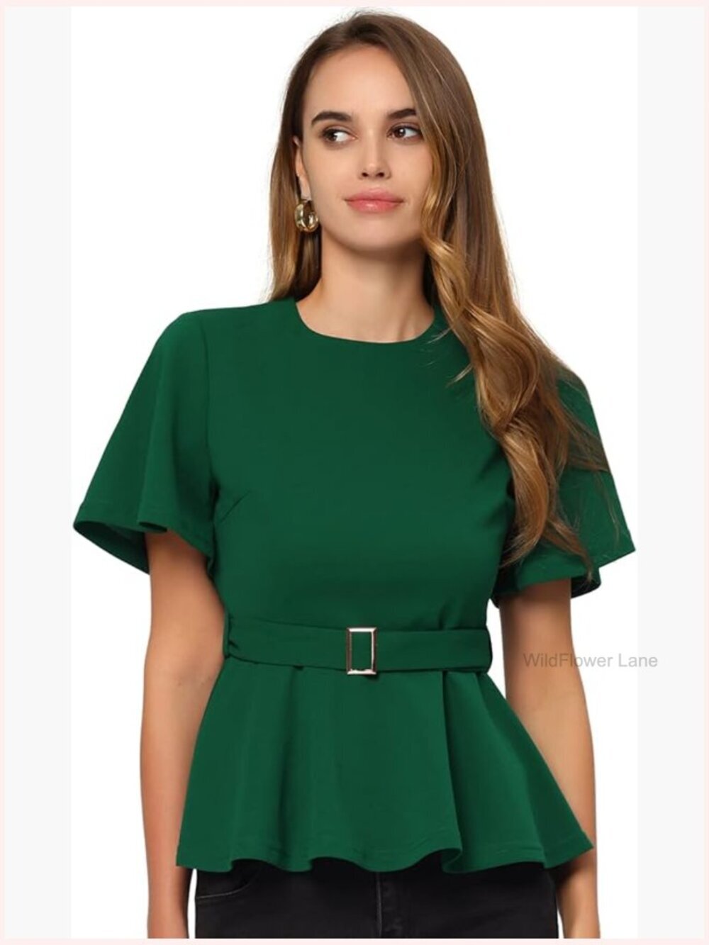 Peplum Blouse Round Neck Bell Sleeve Belted Waist Office Work Top